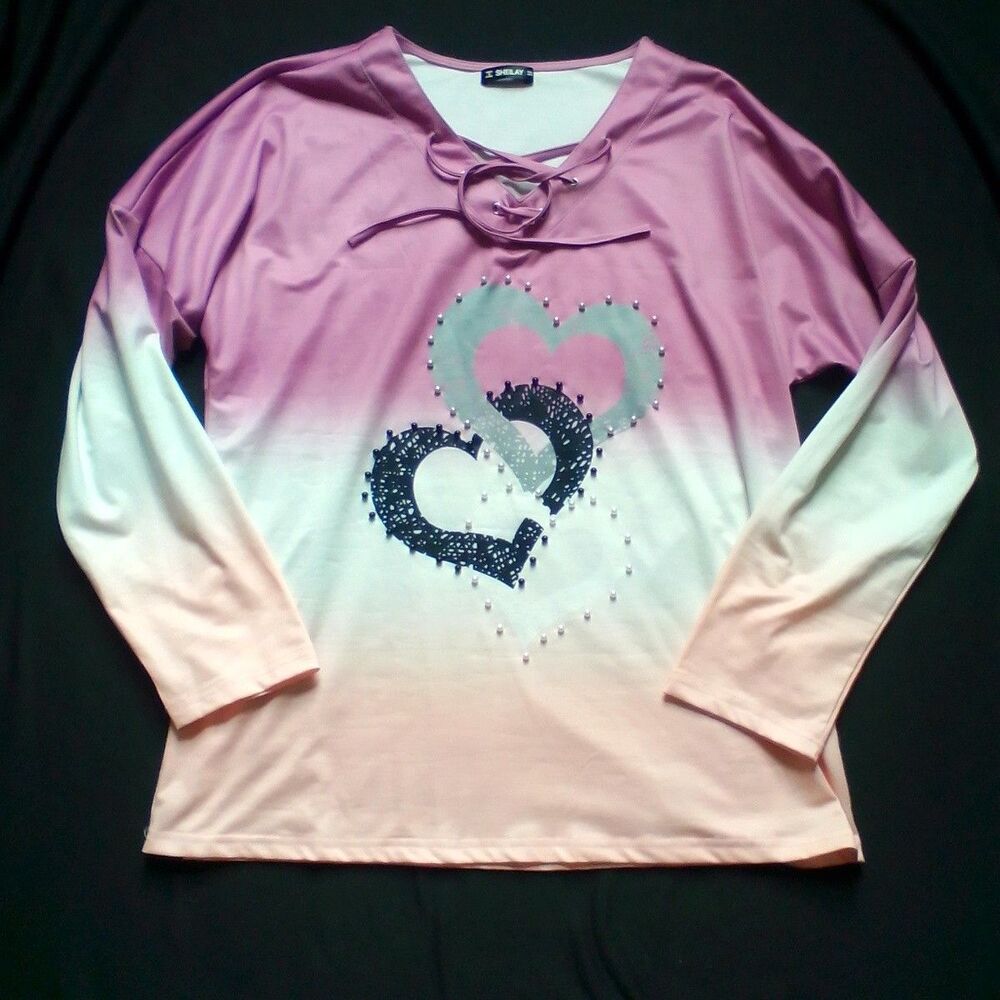 Sheilay large t-shirt pink-white with Heart & Pearls Long Sleeve women's